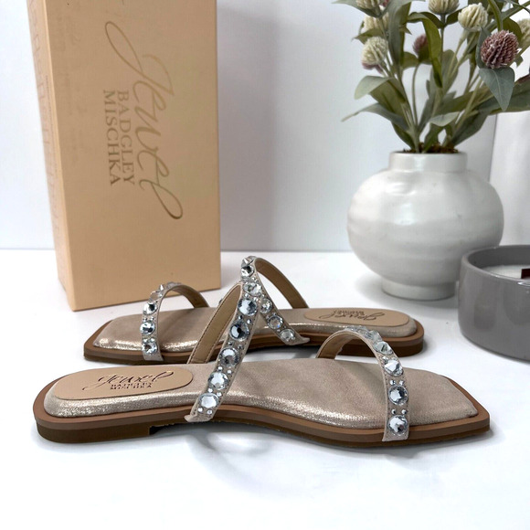 Jewel Badgley Mischka Honesty Flat Sandals Gemstone Studded Straps Women 6.5 NWB - Picture 7 of 9